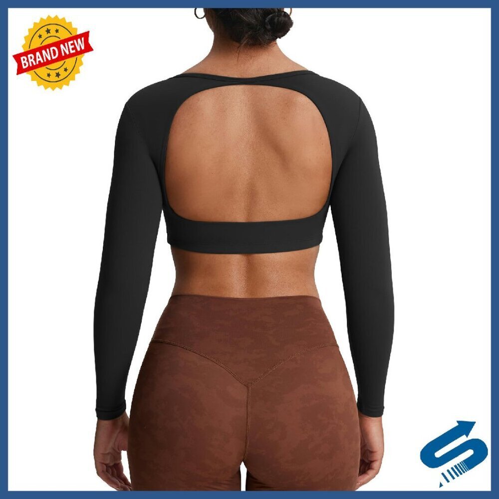 Long Sleeve Crop Top Workout Shirt Backless Gym Tee Medium Support